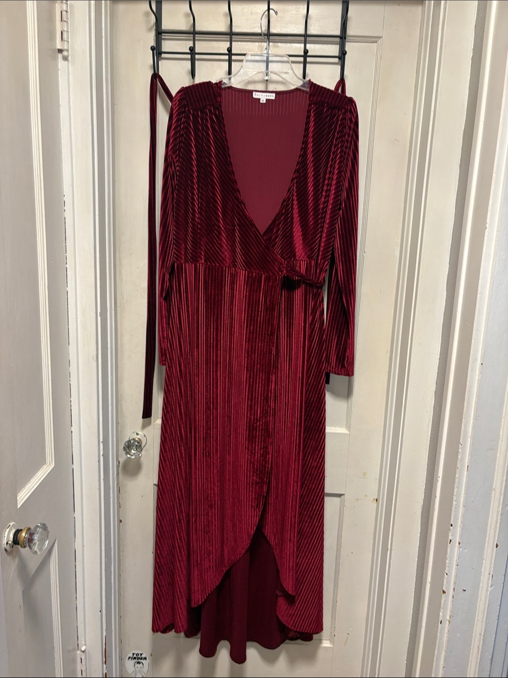 Baltic Born Burgundy Romantic Ribbed Velvet LongSleeve V-neck Wrap Maxi Dress XL - Picture 8 of 13